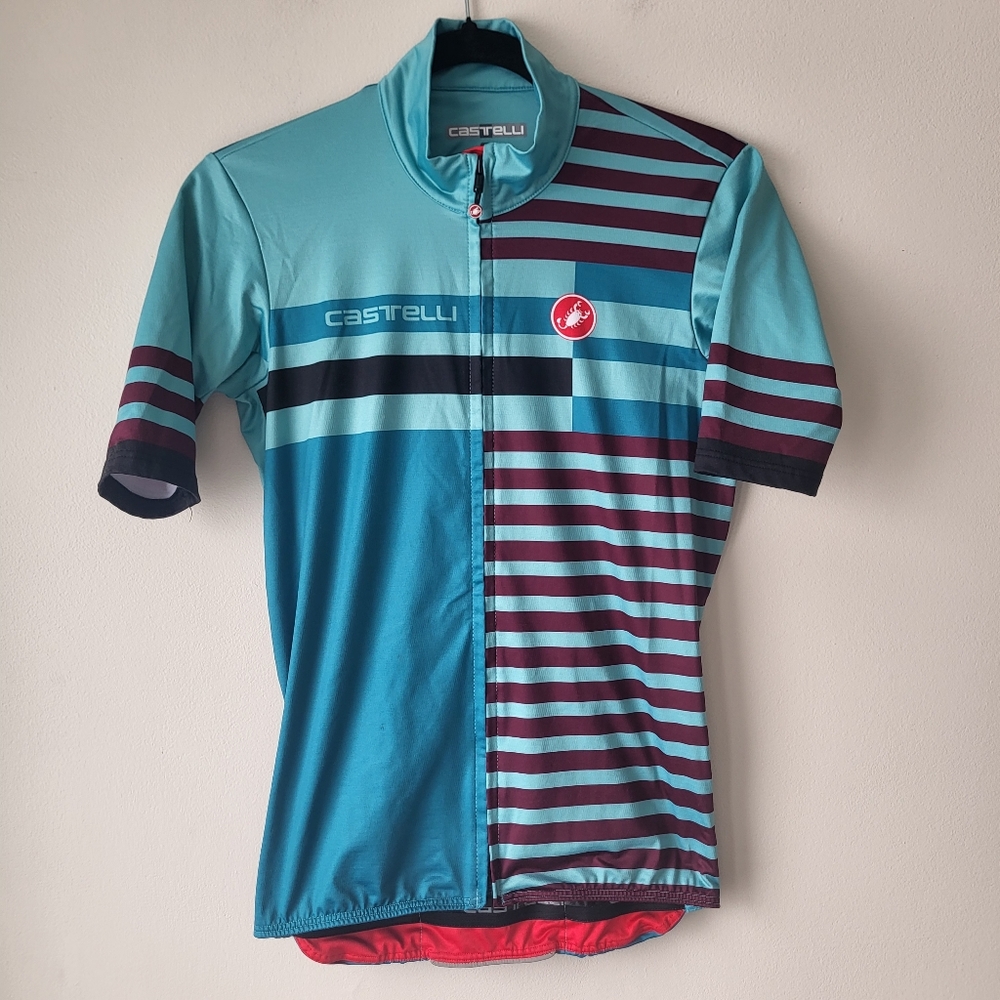 Castelli Men’s Teal & Burgundy Striped Cycling Jersey With Soft Inner Lining Lg